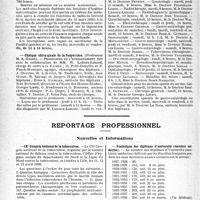 3327 - Page 3182 - Partie professionnelle, Hygiène, Assistance, Mutualité, Intérêts corporatifs, Variétés. Faculté de médecine de paris. Enseignement et actes de la Faculté / Reportage professionnelle. Nouvelles et Informations. IXe Congrès national de la tuberculose / Statistique des diplômes d’université (mention médecine)
