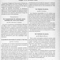 3372 - Page 3227 - Partie scientifique. L’actualité scientifique. Les Congrès. Ier congrès de l’association d’étude des produits alimentaires, (Dieppe, 18-19 novembre 1938). Sur l’assainissement des mollusques marins comestibles par l’eau de mer ozonisée, par M. le Docteur J. Salmon / Les procédés de conservation du poisson à l’état frais, par M. J. Le Gall / Les vitamines du poisson, par M. J. Le Gall / Sur l’altération du poisson, par M. Maurice Boury / Les « fruits de mer » aliments de premier ordre, par M. R. Neveu