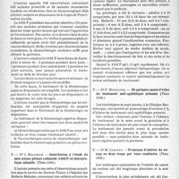 3375 - Page 3230 - Partie scientifique. L’actualité scientifique. Les Thèses. Traitement actuel de la blennorragie aiguë en dispensaire, Dr L. Veisleib. (Thèse 1938) / Contribution à l’étude du para-amino-phényl-sulfamide (1162 F) en thérapeutique infantile, Dr J. Brasseur (Thèse 1938) / De quelques causes d’échec du traitement anti-syphilitique prénatal, Dr P. Montagne (Thèse 1938) / Technique d’exérèse du rectum en deux temps par voies combinées, Dr M. Cahinet (Thèse 1938)