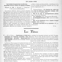3437 - Page 3292 - Partie scientifique. L'actualité scientifique. Les Congrès. VIe congrès de la société français de phonlatrie, (25 octobre 1938). Les trouble de la parole dans les affections du système nerveux central (les aphasies exceptées), Rapport de MM. J. Euzière, J. Terracol et R. Laeon (de-Montpellier) / Les Thèses. Contribution à l’étude de la prophylaxie de l’infection puerpérale. Essai de chimiothérapie préventive (benzyl-amino-benzène-sulfamide), Dr G. Picot. (Thèse 1938)