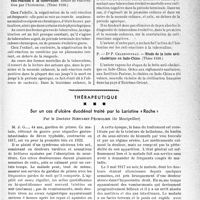 0096 - Page 93 - Partie scientifique. L’actualité scientifique. Les Thèses. Les atrophies rénales unilatérales. Travail de la Clinique urologique de Necker (service du Professeur Marion), par Docteur H. Grépinet. (Thèse, 1938.) / La négativation de la cuti-réaction à la tuberculine. Essais de réactivation par l’histamine, par Dr P. Belletoille. (Thèse 1938.) / Étude de la lutte anticholérique en Indo-Chine, par P. Charbonneau. (Thèse 1938.) / Thérapeutique. Sur un cas d'ulcère duodénal traité par la Laristine «Roche», par le Docteur Rieusset-Pécholier