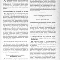 0158 - Page 155 - Partie scientifique. L’actualité scientifique. Les Sociétés Savantes. Paris. Société des chirurgiens de Paris, Séance du 28 octobre 1938. Appendice étranglé à sa partie moyenne dans un sac de hernie rurale étranglée / Traitement chirurgical des fractures du col du fémur / Côte cervicale articulée sur la première côte dorsale / Formes pseudo-occlusives et occlusives de l’appendicite aiguë / Histoire d’une fausse appendicite / Société d’oto-rhino-laryngologie de Paris, Séance du 16 novembre 1938. Considérations sur les hémorragies des cordes vocales (deux observations) / La médication sulfamidée dans deux cas de méningite puriforme aseptique, dont l’un avec oedème cérébral aigu