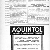 0187 - Page 184-LXII - A travers l’officiel. Ligue médicale de défense professionnelle, « Le Sou Médical » / Syndicat médical de Cannes. Extrait du compte rendu de l’Assemblée générale du 13 octobre 1938 / Erratum
