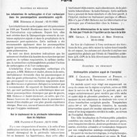 0226 - Page 223 - Partie scientifique. L’actualité scientifique. Les Sociétés Savantes. Paris. Académie de médecine. Les inhalations de carboxygène et d’air carbonique dans les pneumopathies anoxémiantes aiguës, (15-11-1938) / Sur le traitement de la péritonite tuberculeuse dans les hôpitaux, (22-11-1938) / Essai de détermination de la valeur fonctionnelle du foie par l’étude de l’équilibre acido-base de la bile, (22-11-1938) / Académie de chirurgie. Ostéomyélite primitive aiguë de l’occipital, (9-11-1938)