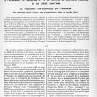 0288 - Page 285 - Partie scientifique. L’actualité scientifique. Les Congrès. A l'académie de médecine et à la société de médecine publique et de génie sanitaire. La vaccination anti-diphtérique par l’anatoxine. Ses résultats après quinze ans d’applications dans le monde entier