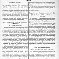 0392 - Page 387 - Partie scientifique. L’actualité scientifique. Les Sociétés Savantes. Paris. Académie de médecine. Les hémorragies rétiniennes chez le nouveau-né, (20-12-1938) / Sur la recrudescence récente de l’alcoolisme en Normandie, (20-12-1938) / Danger des cures d’amaigrissement non médicales, (20-12-1938) / Vaccins anti-rabiques phéniqués, (10-1-1939)
