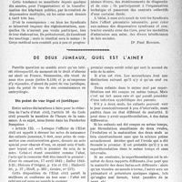 0402 - Page 397 - Partie professionnelle. Bulletin de l’Actualité. Convention collective pour la création d’un dispensaire / De deux jumeaux, quel est l’ainé?