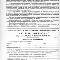 0499 - Page 478 XLII - Correspondance. La défense professionnelle du médecin, par le sou médical. Bulletin d'adhésion, « Le Sou Médical »