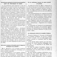 0666 - Page 637 - Partie scientifique. L'actualité scientifique. La Presse. Pneumothorax spontanés au cours des pneumopathies aiguës non tuberculeuses de l’adulte [(L’Année Médicale de Caen, novembre 1938.)] / Quels sont les examens nécessaires pour le diagnostic étiologique de la stérilité ? [(Paris Médical, 17 décembre 1938.)] / Sur les métastases osseuses du cancer primitif du poumon [(Journal des Sciences médicales de Lille. 25 décembre 1938.)] / Les traitements actuels de la maladie d’Addison [(L’Orientation Médicale, décembre 1938.)]