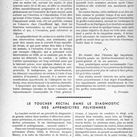 0731 - Page 702 - Partie scientifique. Travaux originaux. La clinique au goût du jour. Comment envisager un traitement rationnel de l’impuissance sexuelle chez l’homme, d’après les Professeurs Darget et Foucault. Notions préliminaires [G. Fischer]. L’homme âgé, ancien vénérien ou sénescent actuel / Le toucher rectal dans le diagnostic des appendicites pelviennes [P. Lacroix]