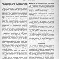 0734 - Page 705 - Partie scientifique. L'actualité scientifique. La Presse. Étude statistique et critique des hémorragies rétroplacentaires observées sur un ensemble de 20.000 accouchements [(Revue français de Gynécologie, décembre 1938.)] / Valeur de la cuti-réaction en milieu tuberculeux [(La Presse Médicale, 4 janvier 1939.)] / L’insuline dans le traitement des hémoptysies cataméniales [(La Tunisie Médicale, novembre 1938.)]