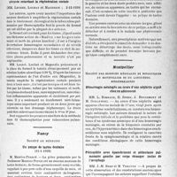 0738 - Page 709 - Partie scientifique. L'actualité scientifique. Les Sociétés Savantes. Bordeaux. Société de médecine et de chirurgie. Thoracoplasties électives de détente pour tuberculose pulmonaire. Leur réalisation par le tannage du périoste retardant la régénération costale, (2-12-1938) / Nancy. Société de médecine. Un polype de tartre dentaire, (11-1-1939) / Montpellier. Société des sciences médicales et biologiques de Montpellier et du Languedoc méditerranéen. Hémorragie méningée au cours d’une néphrite aiguë chez un adolescent / Péricardite avec épanchement et atélectasie pulmonaire gauche par corps étranger inclus de l’oesophage / Maladie d’Addison à évolution rapide avec polynévrite et hépatonéphrite