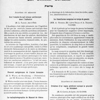0928 - Page 895 - Partie scientifique. L’actualité scientifique. Les Sociétés Savantes. Paris. Académie de médecine. Sur l’emploi du lait comme antitoxique dans l’industrie, (24-1-1939) / Pouvoir antigénique de l’urine humaine, (31-1-1939) / La radiophotographie de Manoel de Abreu, 31-1-1939) / Paris. La transfusion sanguine en temps de guerre, (7-2-1939) / Académie de chirurgie. Création d’un vagin artificiel suivant le procédé de Schubert, (14-12-1938)