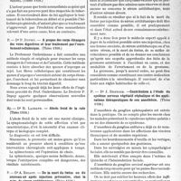 1000 - Page 965 - Partie scientifique. L'actualité scientifique. Les Thèses. Asthénie acquise, dépression constitutionnelle et tuberculose, par Dr J. Solomidès (Thèse 1938.) / A propos des corps étrangers des voies digestives et leur traitement par l’enrobement cellulosique, par Dr P. Dupuy (Thèse 1938.) / Abcès froid de la rate, par Dr R. Lassave (Thèse 1938.) / De la mort du foetus ou du nouveau-né après injection préventive, chez la mère, de sérum antitétanique, par Dr A. Ricaut (Thèse 1938.) / Contribution à l’étude du système nerveux végétatif céphalique et des applications thérapeutiques de son anesthésie, par Dr J. Dreyfus (Thèse 1938.) / La protection des enfants en bas âge contre les gaz de combat, par Dr Dorey (Thèse 1938.)