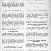 1056 - Page 1021 - Partie scientifique. L’actualité scientifique. Les Sociétés Savantes. Paris. Société de médecine de Paris, Séance du 24 décembre 1938. Traitement de l’otite moyenne chronique suppurée / Programme de lutte antituberculeuse / Un cas d’érythroblastose / Action antalgique des préparations d’insuline en injections intradermiques loco-dolente / Société français d’héliothérapie et de photobiologie, (26-11-1938). Protection de la peau contre la lumière solaire / Comportement sexuel sur les plages ensoleillées de la Côte d’Azur / Quel est le facteur nocif dans l’atmosphère des noyeraies ?