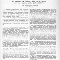 1114 - Page 1079 - Partie scientifique. L’actualité scientifique. Thérapeutique. Le traitement de l’arthrite sèche de la hanche par les injections locales juxta-articulaires, par le Docteur S. Oreckin