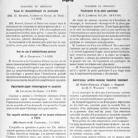 1182 - Page 1145 - Partie scientifique. L'actualité scientifique. Les Sociétés Savantes. Paris. Académie de médecine. Essai de chimiothérapie du trachome, (7-3-1939) / Sur un cas d’endothéliome pleural, (7-3-1939) / Pancréatite aiguë hémorragique et ascaride, 7-3-1939) / Une enquête médico-sociale sur les jeunes chômeurs à Paris, (7-3-1939) / Académie de chirurgie. Traitement de la ptose gastrique, (18-1-1939) / Anévrysme artério-veineux huméral spontané, (1-2-1939)
