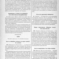 1185 - Page 1148 - Partie scientifique. L'actualité scientifique. Les Sociétés Savantes. Nouveaux cas de sténoses congénitales de l’oesophage. Société de médecine militaire français, (7-2-1939). Diplacousie transitoire survenue après une ponction lombaire / Contribution à l’étude de la pathogénie de la fièvre bilieuse hémoglobinurique / Lille. Société médicale et anatomie-clinique. Sur les métastases osseuses du cancer primitif du poumon / Réflexions sur les nouvelles méthodes de traitement des états schizophréniques (première note). Un cas de pancréatite oedémateuse / Fausse hémicraniose. Métastase osseuse d’un cancer du sein / Sur les complications d’un méga-oesophage