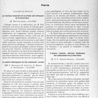 1240 - Page 1201 - Partie scientifique. L’actualité scientifique. Les Sociétés Savantes. Paris. Académie de médecine. Les réactions humorales de la période anté-allergique de la tuberculose, (14-3-1939) / Les aspects radiologiques du hile pulmonaire normal, (14-3-1939) / L’asthme infantile, affection diathésique Son indépendance de la tuberculose, (14-3-1939)