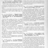 1244 - Page 1205 - Partie scientifique. L’actualité scientifique. Les Thèses. Étude du fonctionnement d’un dispensaire antituberculeux à Tours, pendant dix ans, et de ses résultats, par Dr Madeleine Proust (Thèse 1938.) / diagnostic clinique des tumeurs kystiques et des collections liquides intra-abdominales par la cysto-diaphanoscopie, par Dr Nerson-Robert (Thèse 1938.) / La voie xiphoïdienne dans le traitement des péricardites purulentes, par Dr Malo Lenoir (Thèse 1938.) / Les lésions vasculo-cérébrales de la fièvre de Malte, par Dr A. Lonjon (Thèse 1938.) / L’innervation vasculaire somatique, par Dr F. Jollès (Thèse 1938.) / De la conduite à tenir dans l'accouchement et la puerpéralité au cas d’utérus fibromateux, par Dr J. Védrines (Thèse 1938.)