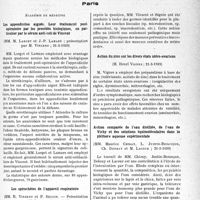 1360 - Page 1317 - Partie scientifique. L'actualité scientifique. Les Sociétés Savantes. Paris. Académie de médecine. Les appendicites aiguës. Leur traitement post-opératoire par les procédés biologiques, en particulier par le sérum anti-coli de Vincent, (21-3-1939) / Les spirochètes de l’appareil respiratoire, (21-3-1939) / Action du zinc sur les divers états utéro-ovariens, (21-3-1939) / Action comparée de l’eau distillée, de l’eau de Vichy et des solutions équimoléculaires dans la pléthore aqueuse expérimentale, (21-3-1939)