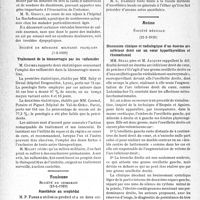 1363 - Page 1320 - Partie scientifique. L'actualité scientifique. Les Sociétés Savantes. Paris. Société médico-chirurgicale des hôpitaux libres, Séance du 3 janvier 1939. Évolution favorable d’un mégacôlon à complications multiples par traitement médical à base de drainage intestinal prolongé / Société de médecine militaire français, (7-2-1939). de la blennorragie par les sulfamides / Toulouse. Société de chirurgie, (21-1-1939). Anesthésie au scophédal / Reims. Société médicale, (22-2-1939). Discussion clinique et radiologique d’un énorme arc inférieur droit sur un cœur hyperthyroïdien et rhumatismal