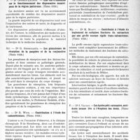 1368 - Page 1325 - Partie scientifique. L'actualité scientifique. Les Thèses. Une vue d’ensemble sur le fonctionnement des dispensaires municipaux de la région Parisienne, par Dr Oppman-Laudon (Thèse 1938.) / Les granulomes de résorption de la paupière et de la conjonctive, par Dr G. Georgladès (Thèse 1938.) / Contribution à l’étude des endométriomes, par Dr R. Witz (Thèse 1938.) / Contribution à l’étude du traitement de certaines fractures du calcanéum par une greffe osseuse rigide trans-calcanéenne, par Dr M. Marty (Thèse 1938.) / Les kystes péri-coronaires, accidents locaux liés à l’éruption des dents, par Dr J. Valtat (Thèse 1938)