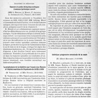 1426 - Page 1383 - Partie scientifique. L’actualité scientifique. Les Sociétés Savantes. Paris. Académie de médecine. Cancers et acides déshydrascorbiques à anneau lactonique ouvert, (28-3-1939) / La prophylaxie de la diphtérie par l’anatoxine Ramon à l’hôpital maritime de Zuydcoote de 19 32 à 1939, (28-3-1939) / Académie de chirurgie. Contracture musculaire douloureuse au cours d’une épiphysite illaque, (1-2-1939) / Ostéolyse progressive essentielle de la main, (1-2-1939)