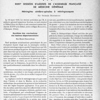 1500 - Page 1457 - Partie scientifique. L’actualité scientifique. Les Congrès. XXXV° Session d'assises de l’assemblée français de médecine générale. Méningites cérébro-spinales à méningocoques, par Germain Blechmann. Synthèse des conclusions des Assises départementales, par Henri Goblewski / Épidémiologie