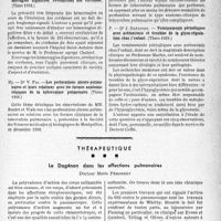 1564 - Page 1521 - Partie scientifique. L’actualité scientifique. Les Thèses. Contribution à l’étude des hémorragies digestives révélatrices des cirrhoses, par Dr R. James (Thèse 1938.) / Les perforations pleuro-pulmonaires et leurs relations avec les formes anatomie-cliniques de la tuberculose pulmonaire, Dr V. Fol (Thèse 1938.) / Vomissements périodiques avec acétonémie et troubles de la glyco-régulation chez l’enfant, par Dr J. Grégoire (Thèse 1939.) / Thérapeutique. Le Dagénan dans les affections pulmonaires, Docteur Marie Péronnet