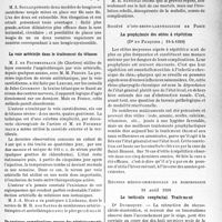 1620 - Page 1577 - Partie scientifique. L’actualité scientifique. Les Sociétés Savantes. Paris. Société médico-chirurgicale des hôpitaux libres, Séance du 3 février 1939. Bougies « extensibles » et « à demeure » pour le traitement des sténoses cicatricielles de l’oesophage / La voie artérielle dans le traitement du tétanos / De quelques complications graves des rétrécissements rectosigmoïdiens / Société d’oto-rhino-laryngologie de Paris. La prophylaxie des otites à répétition, (19-4-1939) / Réunion médico-chirurgicale de morphologie, 19 avril 1939. Le torticolis congénital. Traitement