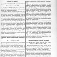 1692 - Page 1649 - Partie scientifique. L’actualité scientifique. Les Sociétés Savantes. Paris. Académie de médecine. La localisation endocrinienne des substances toxiques, (18-4-1939) / Doses médicamenteuses réfractées, injectées à courts intervalles, dans les trypanosomoses expérimentales, (18-4-1939) / Académie de chirurgie. Un cas de neurinome solitaire de l’intestin grêle, (8-2-1939) / Péritonites d’origine typhique au Tonkin, (15-2-1939)