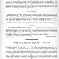 1763 - Page 1720 - Partie professionnelle. Bulletin de l’Actualité. Chronique des maladies professionnelles et de l’hygiène industrielle. États-Unis. Réparation des maladies professionnelles / Nouvelle-Zélande. L’introduction des Assurances sociales / Suède. L’examen médical des ouvriers expossés aux intoxications professionnelles [Dr Guy Hausser] / Oxyde de carbone et circulation automobile