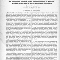 1861 - Page 1810 - Partie scientifique. Travaux originaux. La clinique obstétricale au goût du jour. Un traumatisme accidentel réagit essentiellement sur la gestation, en raison de son siège et de la prédisposition individuelle, d’après Fr. Lepage [G. Fischer]. L’influence du traumatisme