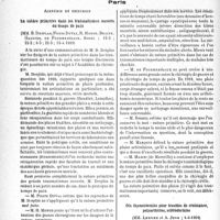 1923 - Page 1872 - Partie scientifique. L’actualité scientifique. Les sociétés savantes. Paris. Académie de chirurgie. La suture primitive dans les traumatismes ouverts du temps de paix, (12-2 ; 22-2 ; 8-3 ; 22-3 ; 19-4 1939) / Dix thymectomies pour troubles de croissance, polyarthrites, sclérodermies, (1-3-1939)