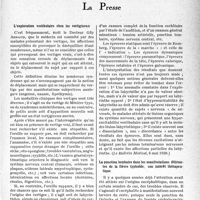 1976 - Page 1925 - Partie scientifique. L'actualité scientifique. La Presse. L’exploration vestibulaire chez les vertigineux [(Le Bulletin Médical, 6 mai 1939.)] / La ponction lombaire dans les manifestations délirantes de la fièvre typhoïde, son intérêt thérapeutique [(Lyon Médical, 7 mai 1939.)]