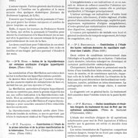 1984 - Page 1933 - Partie scientifique. L'actualité scientifique. Les Thèses. Quelques applications dermiques et transdermiques de l’insuline, par Dr M.-G. André (Thèse 1939.) / Action de la thyroïdectomie sur certaines arythmies d’origine hyperthyroïdienne, par Dr R. Herr, (Thèse 1938.) / Contribution à l’étude de la primo-infection et de la primo-manifestation de la tuberculose. Travail de la Clinique de la tuberculose, par Dr P. françaisois, (Thèse 1939.) / Indications et préparation de l’amygdalectomie chez l’enfant, par Dr P. françaisois, (Thèse 1939.) / Contribution à l’étude des kystes radiculo-dentaires du maxillaire supérieur chez l’adulte, par Dr J. Broussolle, (Thèse 1939.) / Suites immédiates et résultats éloignés du traitement du mal de Pott par les opérations ankylosantés, par Dr P. Matthis, (Thèse de Doctorat d’Université, 1939.)