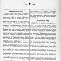 2030 - Page 1979 - Partie scientifique. L’actualité scientifique. La Presse. Traitement des pleurésies purulentes graves du pneumothorax artificiel [(Bull. de la Soc. Médicale de Passy, mars 1939.)] / Psorlasis vaccinal primitif consécutif à une vaccination triple associée [(Gazette Médicale de Nantes, mars 1939)]