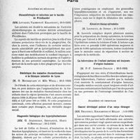 2031 - Page 1980 - Partie scientifique. L’actualité scientifique. Les Sociétés Savantes. Paris. Académie de médecine. Chimiothérapie et infection par le bacille de Friedlander, (30-5-1939) / Statistique des maladies rhumatismales à la Clinique infantile de Lyon, (30-5-1939) / diagnostic biologique des hyperpituitarismes, (30-5-1939) / Alcool et champ opératoire, (30-5-1939) / La tuberculose de l’enfant Parisien est toujours d’origine humaine, (30-5-1939) / Académie de chirurgie. Cancer développé autour d’un corps étranger, (1-3-1939)
