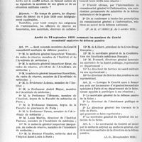 2611 - Page 2546 - Partie professionnelle. Travaux originaux. Documentation du temps de guerre. Sur le droit des militaires de publier des écrits / Arrêté du 23 septembre 1939, nommant les membres du Comité consultatif sanitaire de défense passive