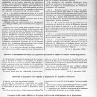 2862 - Page 2777 - Partie professionnelle. Travaux originaux. Documentation du temps de guerre. Décret-loi du 2 décembre 1939 réglementant l’exercice de la profession médicale en Algérie en temps de guerre / Décret du 18 novembre 1939 relatif à la suspension du contrat de travail des femmes en état de grossesse / Décret du 29 novembre 1939 relatif à la prophylaxie des maladies vénériennes / Circulaire du 20 octobre 1939 de la Direction du Service de santé militaire sur la prophylaxie de l’alcoolisme