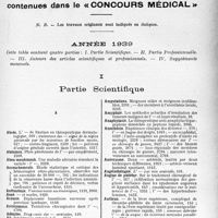 2906 - Page sans numérotation - Table des matières contenues dans le «concours médical». Année 1939. I, Partie Scientifique