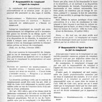 3001 - Page 14 - Honoraires et contrats médicaux. III. — Remplacements. B) Rapports entre le remplaçant et le remplacé. 1° Responsabilité du remplacé à l'égard du remplaçant / 2° Responsabilité du remplaçant à l’égard du remplacé / 3° Responsabilité à l'égard des tiers du fait du remplaçant