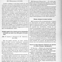0052 - Page 49 - Partie scientifique. L’actualité scientifique. Les Sociétés Savantes. Paris. Société médicale des hôpitaux de Paris. La tomographie appliquée au diagnostic des adénopathies médiastinales de la primo-infection tuberculeuse de l’adulte, (16-6-1939) / Atrophie aiguë du foie, décelée par des radiographies successives au cours d’un ictère grave de la grossesse, (26-5-1939) / Lille. Société médicale et anatomo-clinique. Traitement d’un abcès gangréneux du poumon par l’arsenic. Guérison / Formes cliniques du cancer surrénal / Cancer du côlon transverse révélé par une injection de sulfate d’atropine. Radiographies