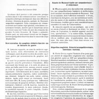 0086 - Page 83 - Partie scientifique. L’actualité scientifique. Les Sociétés Savantes. Paris. Académie de chirurgie, Séance du 3 janvier 1940. Novocainisation des ganglions stellaires dans des cas de blessures de guerre / Maladie de Raynaud traitée par sympathectomie et stellectomie / Mégacôlon congénital. Echec de la sympathicectomie. Colectomie. Guérison