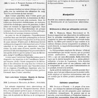 0088 - Page 85 - Partie scientifique. L’actualité scientifique. Les Sociétés Savantes. Paris. Société médicale des hôpitaux de Paris. Le dosage pondéral du fibrinogène sanguin dans les affections hépato-biliaires, (16-6-1939) / Lèpre autochtone bretonne. Maladie de Morvan ou syringomyélie ?, (16-6-1939) / Montpellier. Société des sciences médicales et biologiques de Montpellier et du Languedoc méditerranéen. Mélitococcie à début par adénopathie cervicale / Ophtalmie sympathique