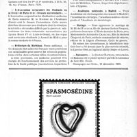 0114 - Page IX-109 - Dernières nouvelles. La Ville de Luchon reconnaît les services du Docteur Raymond Molinéry / Fédération française des étudiants catholiques / L’Association corporative des étudiants en médecine de Paris et le « Secours universitaire» / Préfecture du Morbihan / Académies médicales, à Madrid / Mariage / Naissances