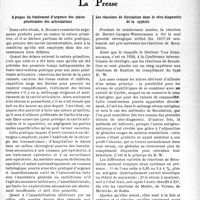0168 - Page 161 - Partie scientifique. L’actualité scientifique. La Presse. A propos du traitement d’urgence des plaies pénétrantes des articulations [(La Presse Médicale, 15 novembre 1939,)] / Les réactions de floculation dans le séro-diagnostic de la syphilis [(Liège Médical, 6 août 1939.)]