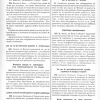 0255 - Page 248 - Partie scientifique. L’actualité scientifique. Les Sociétés Savantes. Lille. Société médicale et anatomo-clinique. Fracture complexe de l’extrémité inférieure de l’humérus, ostéosynthèse, résultat éloigné / Sur un cas de péritonite primitive à streptocoques / Evolution clinique et radiologique d’un chondrosarcome de l’os iliaque / Lésions osseuses et articulaires d’origine syphilitique / Toulouse. Société de médecine, chirurgie et pharmacie. Localisation des corps étrangers intraoculaires par la méthode de Wessely / Septicémie à pneumocoques / Un cas de polyradiculo-névrite curable (syndrome de Guillain et Barré) / Kyste volumineux du canal lacrymal