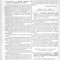0343 - Page 336 - Partie scientifique. L’actualité scientifique. Les Livres. Chirurgie réparatrice et correctrice des téguments et des formes par L. Dufourmentel, Masson, éditeur / Le syndrome « hémorragie du nouveau-né » par H. Jahier, Masson et Cie, éditeurs, Paris / Contribution à l'étude de la malariathérapie. Ses résultats cliniques et sociaux dans la paralysie générale. Docteur Raoul Bernard, de Bruxelles